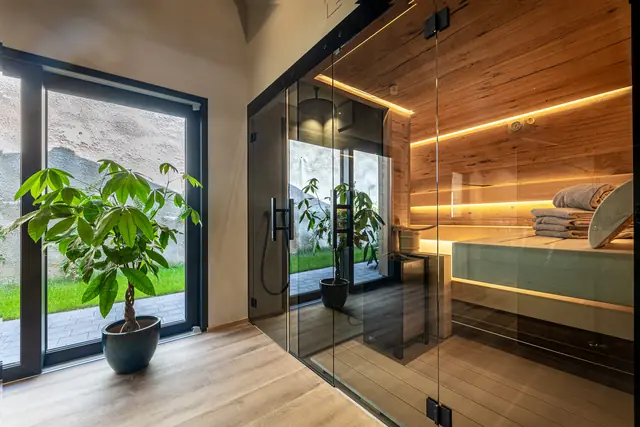 Wellnessbereich mit verglaster Sauna aus Altholz
