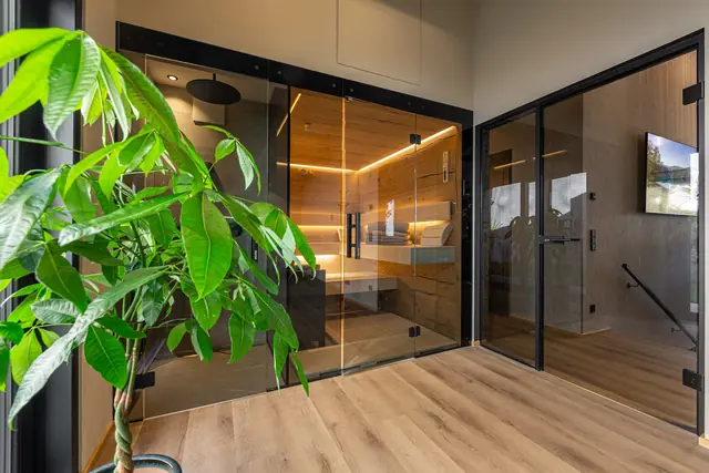 Sauna und Dusche hinter Glas